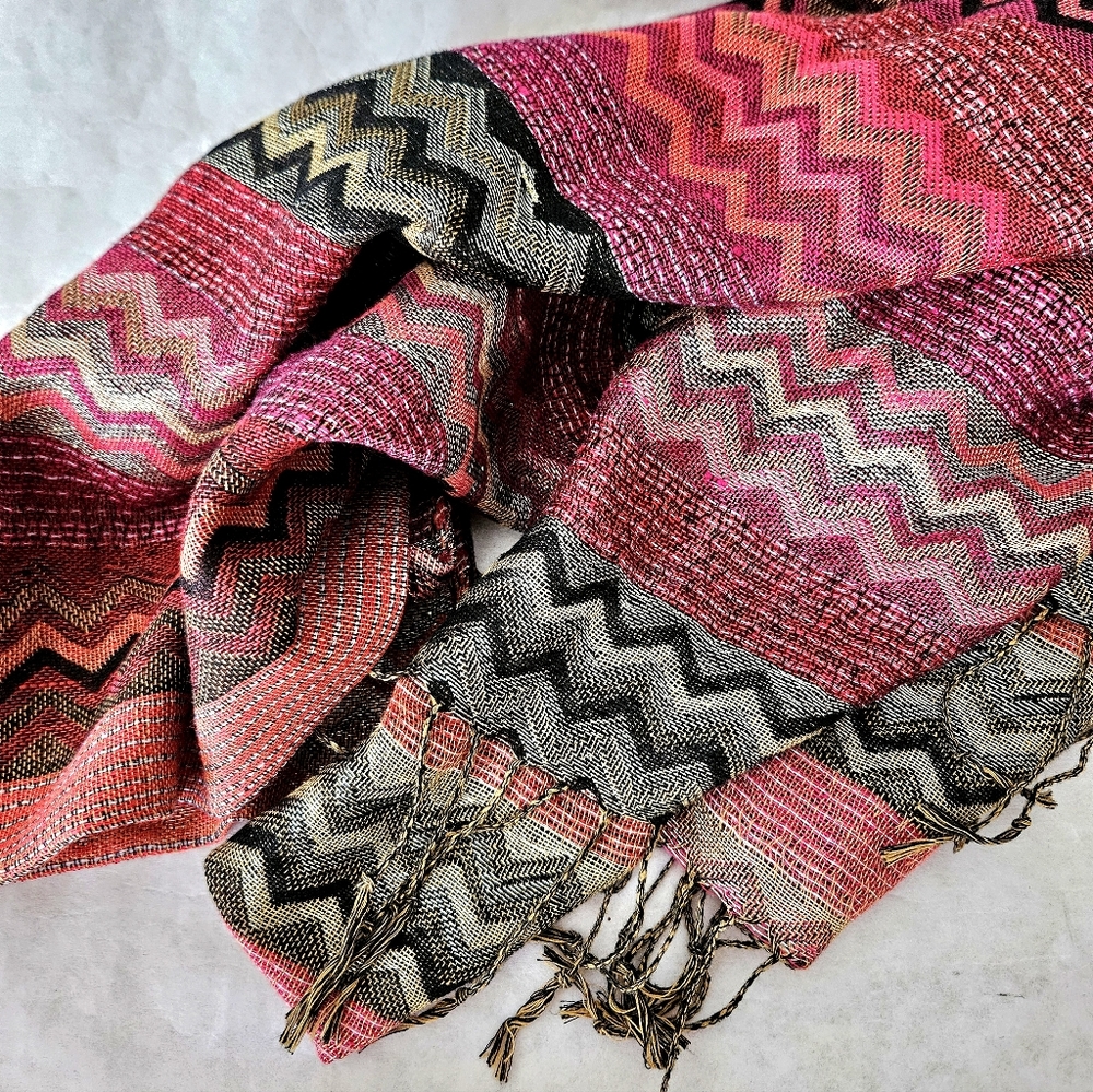 Chevron Pattern Earthtone Scarf Gold Metallic Threads